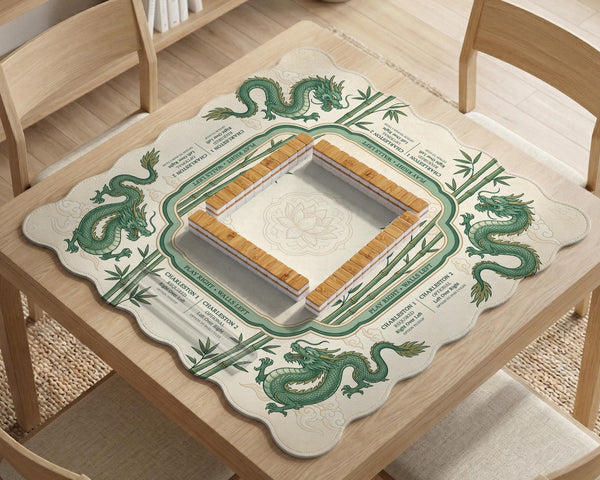 Sage green mahjong mat with a bamboo pattern, dragon design, printed rules around the edge, and a scalloped edge option.