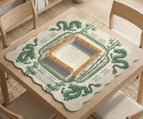 Sage green mahjong mat with a bamboo pattern, dragon design, printed rules around the edge, and a scalloped edge option.