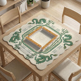 Sage green mahjong mat with a bamboo pattern, dragon design, printed rules around the edge, and a scalloped edge option.