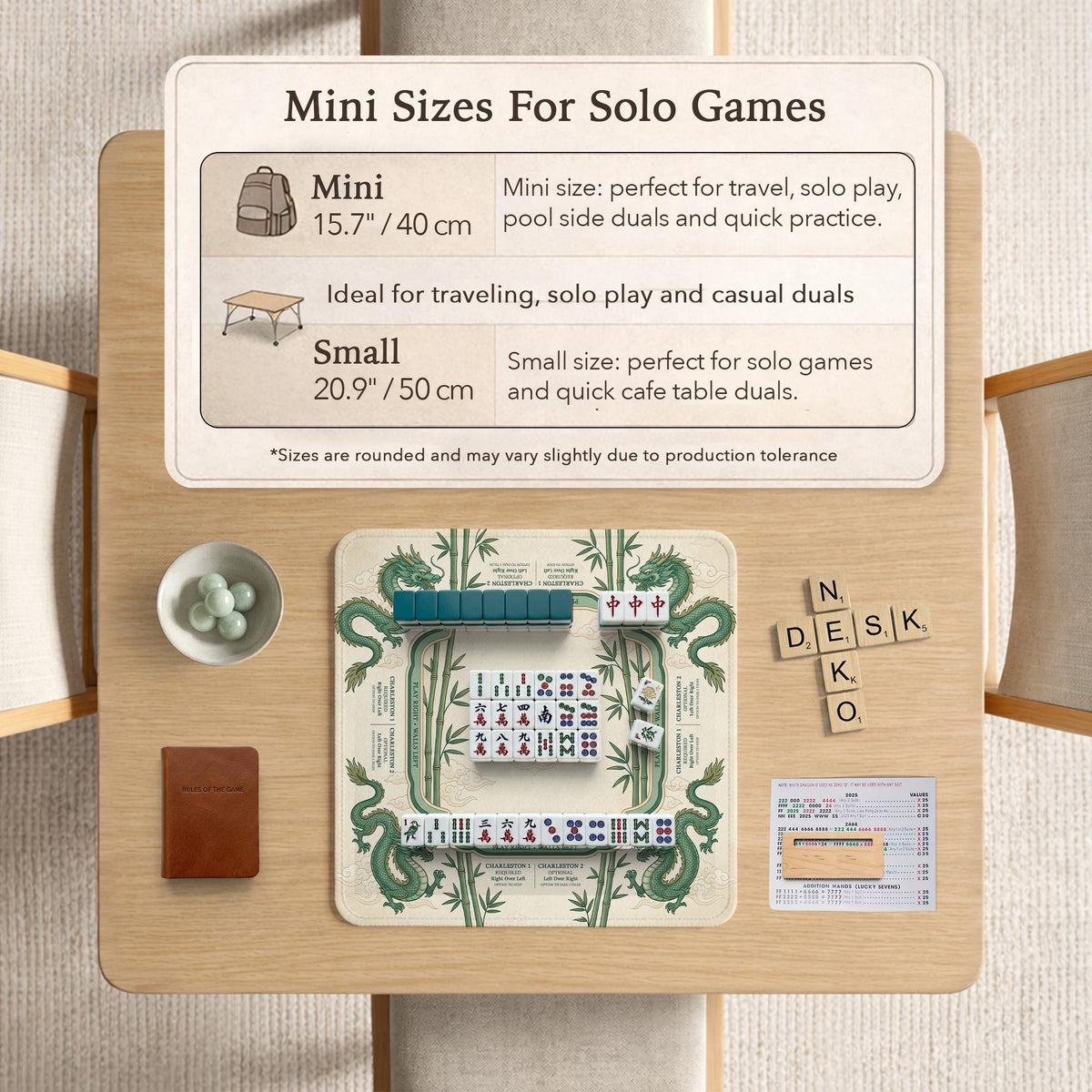 Sage green mahjong mat with a bamboo pattern, dragon design, printed rules around the edge, and a scalloped edge option.