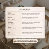 Sage green mahjong mat with a bamboo pattern, dragon design, printed rules around the edge, and a scalloped edge option.