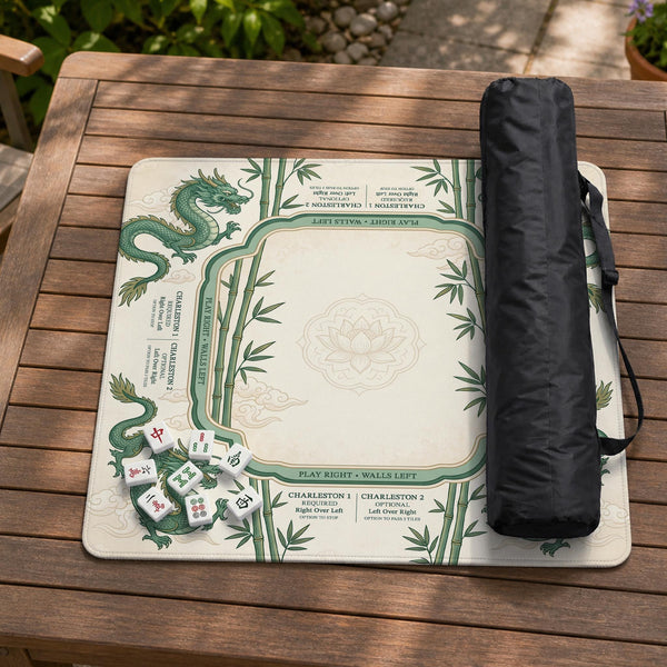 Sage green mahjong mat with a bamboo pattern, dragon design, printed rules around the edge, and a scalloped edge option.