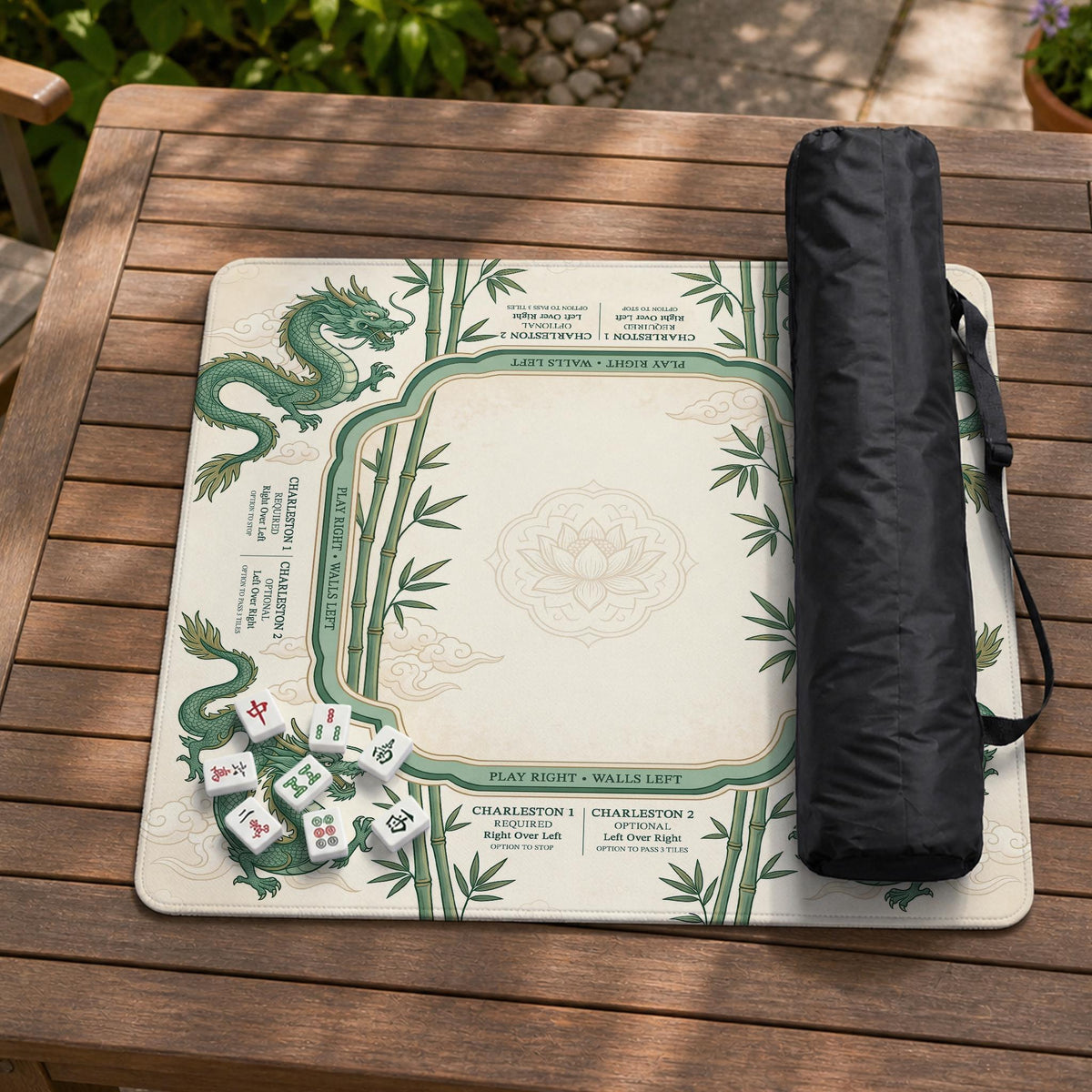 Sage green mahjong mat with a bamboo pattern, dragon design, printed rules around the edge, and a scalloped edge option.