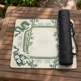 Sage green mahjong mat with a bamboo pattern, dragon design, printed rules around the edge, and a scalloped edge option.
