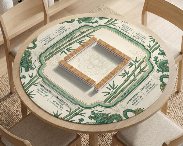 Sage green mahjong mat with a bamboo pattern, dragon design, printed rules around the edge, and a scalloped edge option.
