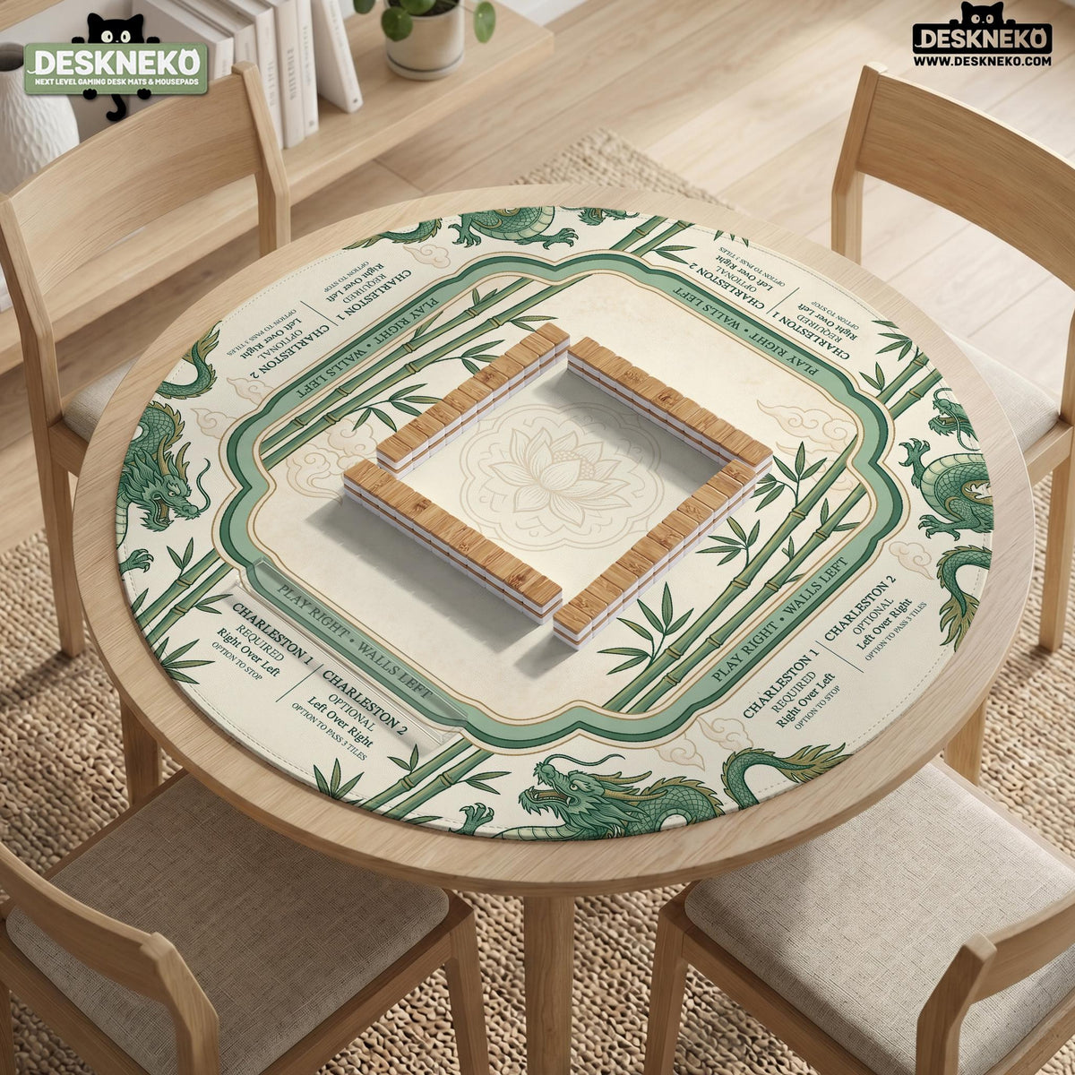 Sage green mahjong mat with a bamboo pattern, dragon design, printed rules around the edge, and a scalloped edge option.