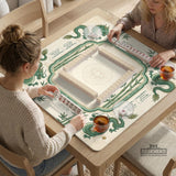 Sage green mahjong mat with a bamboo pattern, dragon design, printed rules around the edge, and a scalloped edge option.