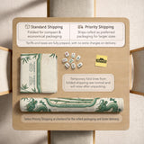 Sage green mahjong mat with a bamboo pattern, dragon design, printed rules around the edge, and a scalloped edge option.