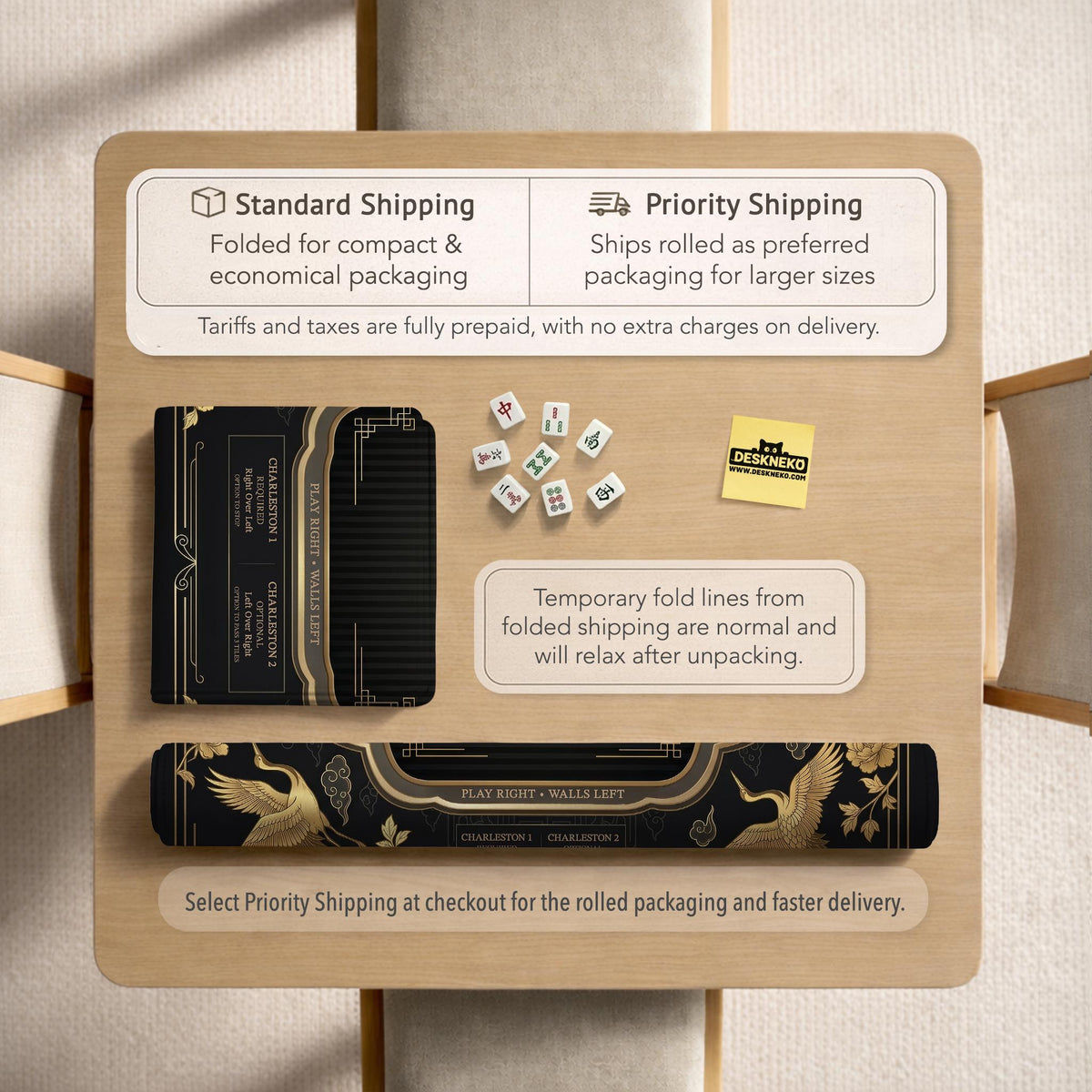 Black and gold square mahjong mat with an art deco crane and floral border, rule reminders around the edges, and a blank center area.