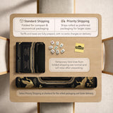 Black and gold square mahjong mat with an art deco crane and floral border, rule reminders around the edges, and a blank center area.