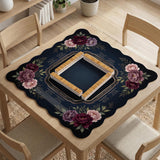 Burgundy mahjong mat with a floral border, gold botanical details, and printed American Mahjong rules on a dark background.
