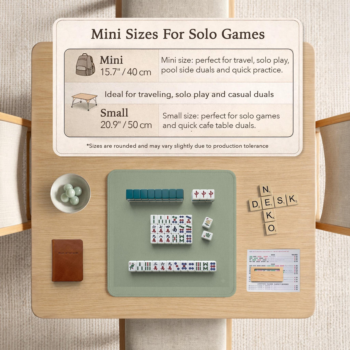 A square sage green mahjong mat with scalloped edges on a plain background.