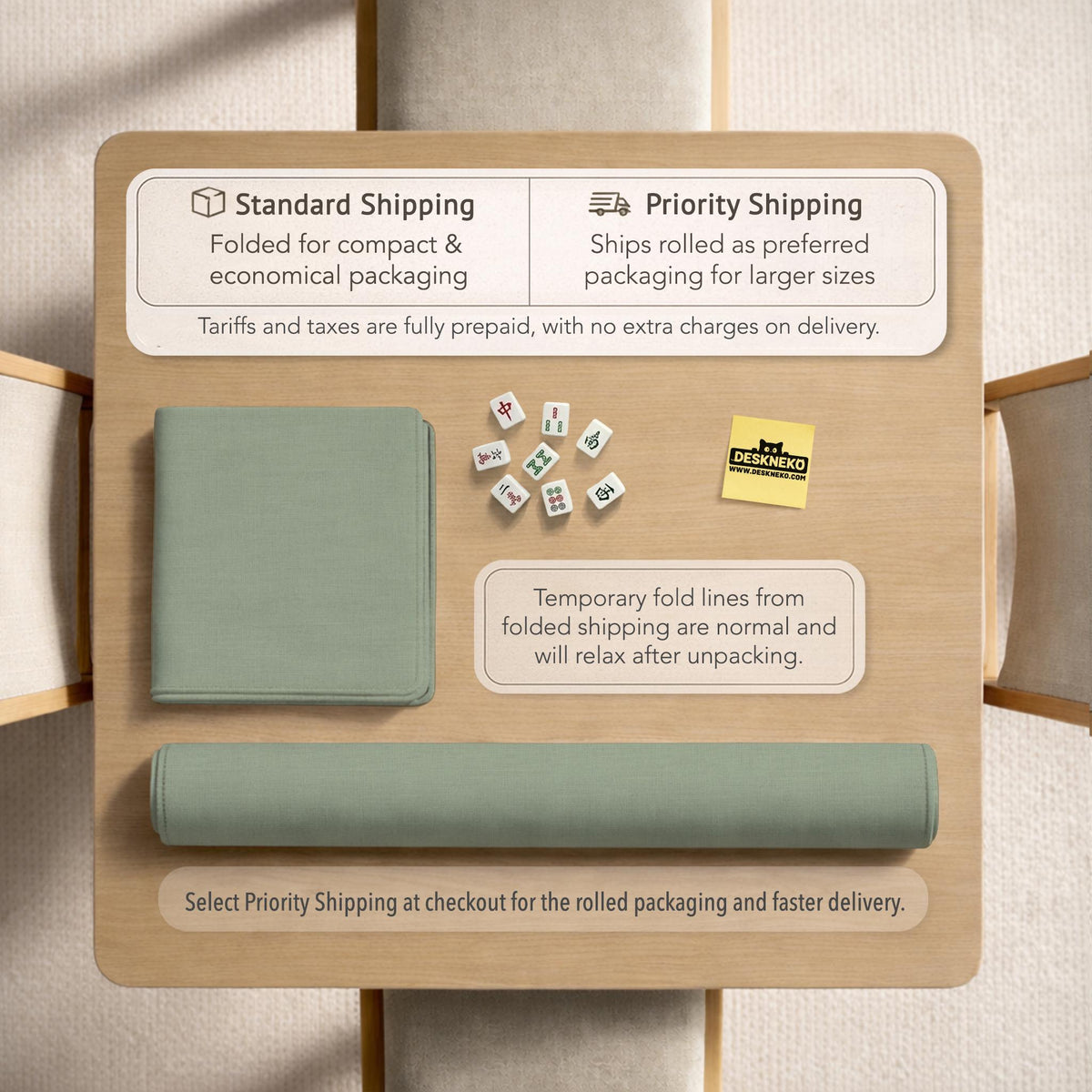 A square sage green mahjong mat with scalloped edges on a plain background.