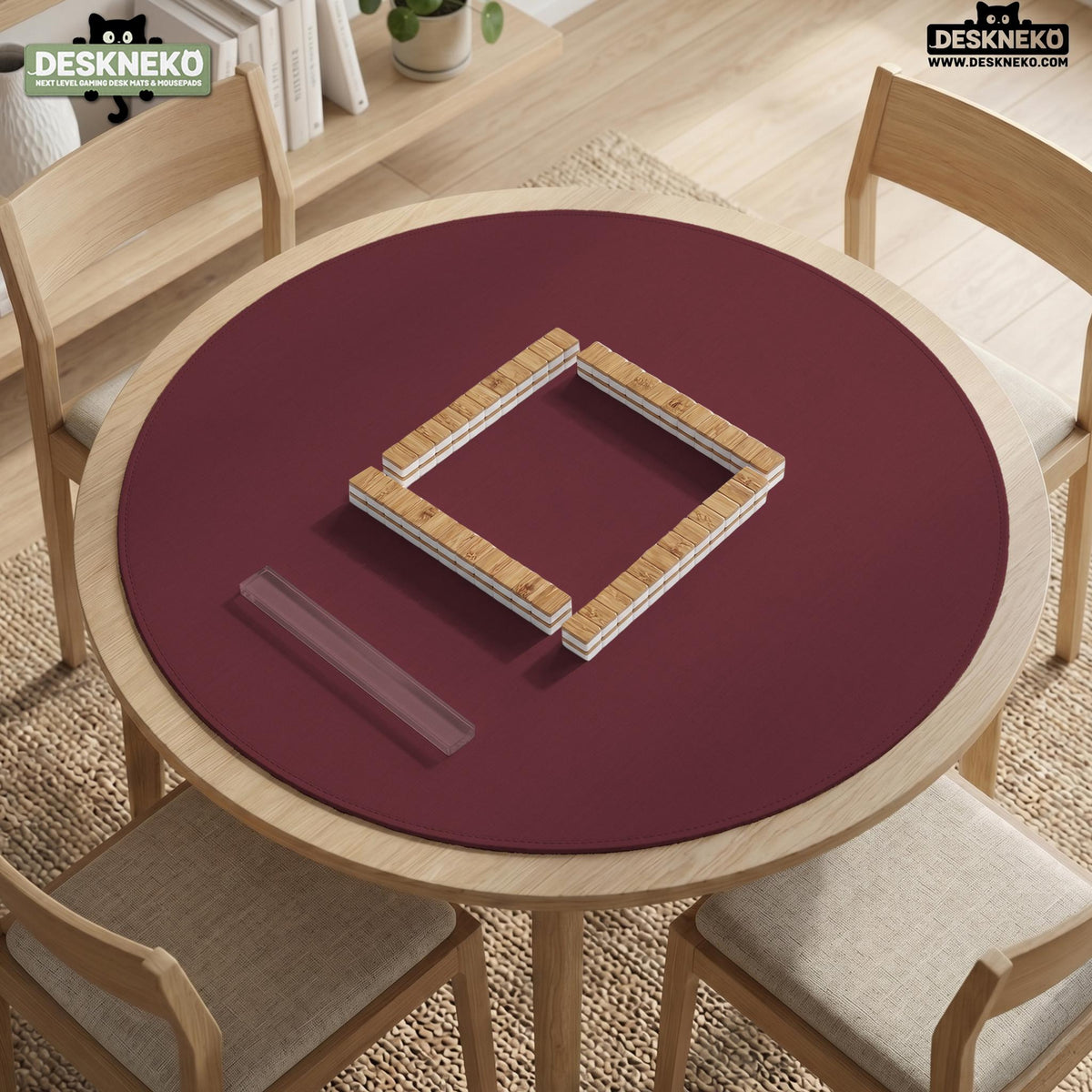 Plain burgundy square mahjong mat with scalloped edges on a white background.