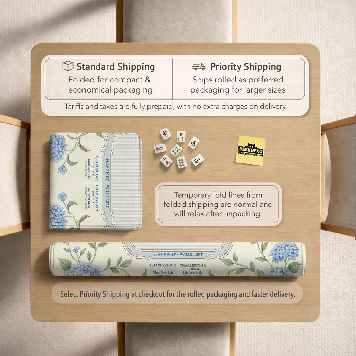 A square mahjong mat with blue hydrangea flowers, green vines, a cream background, a striped center, and printed rules around the border.