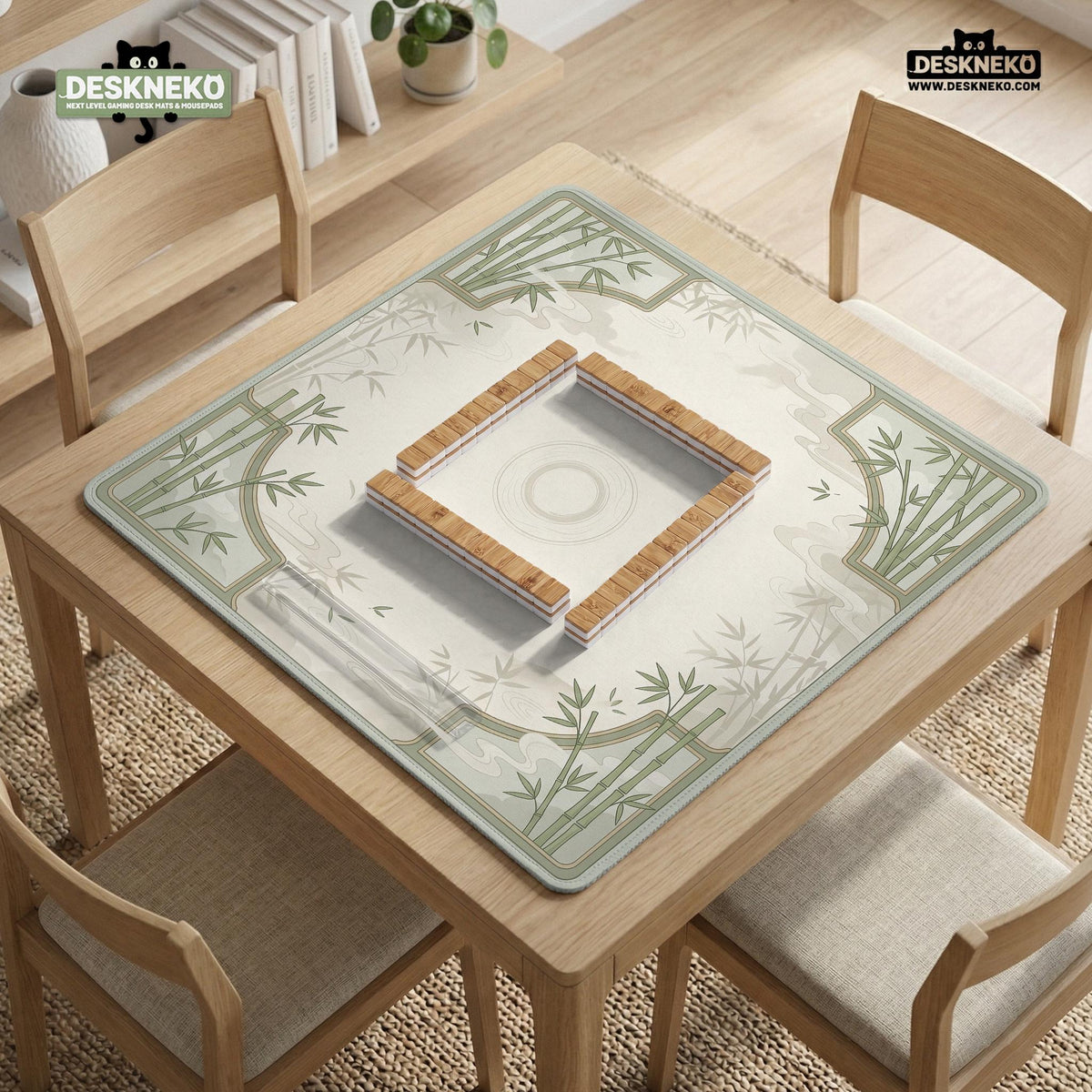 Square mahjong table mat with a pale cream center and green bamboo chinoiserie corners and border.