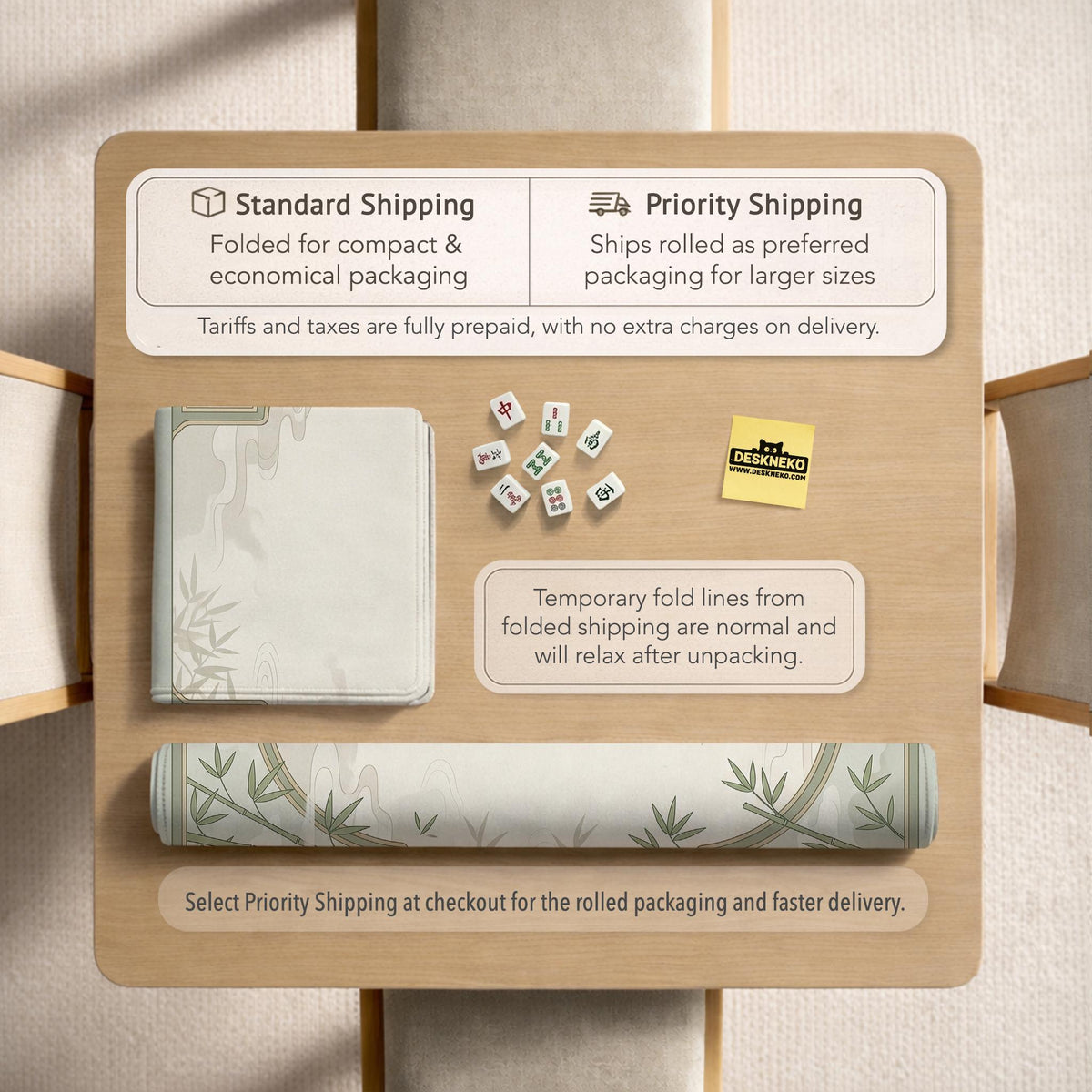 Square mahjong table mat with a pale cream center and green bamboo chinoiserie corners and border.