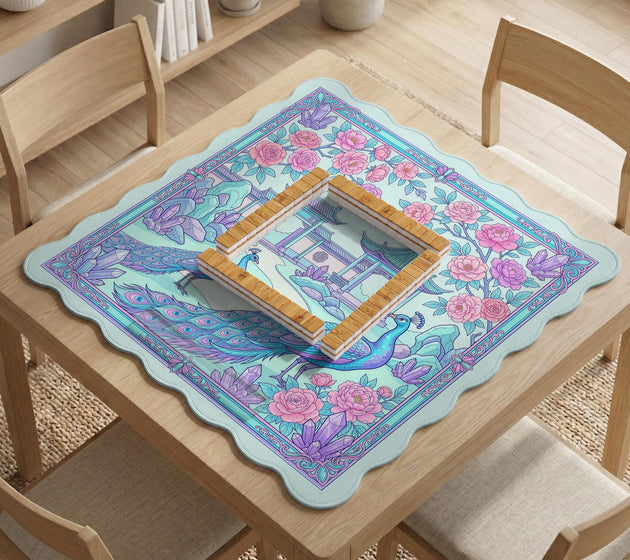 Pastel aqua mahjong table mat with peacock birds, pink flowers, pavilion details, and ornate floral linework.