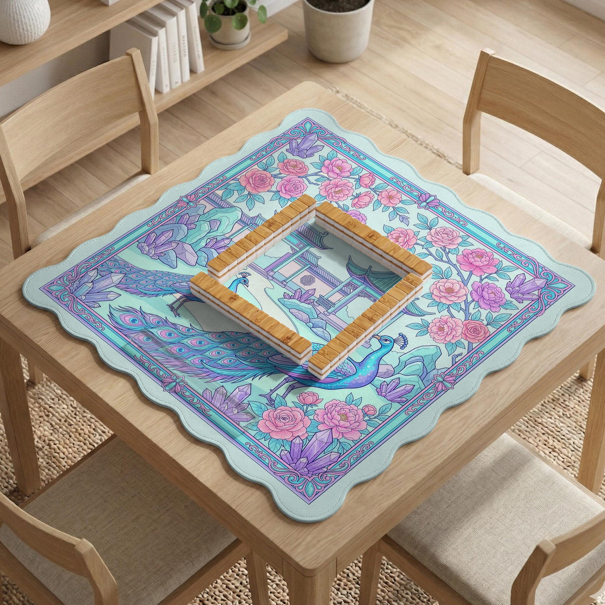 Pastel aqua mahjong table mat with peacock birds, pink flowers, pavilion details, and ornate floral linework.
