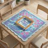 Pastel aqua mahjong table mat with peacock birds, pink flowers, pavilion details, and ornate floral linework.