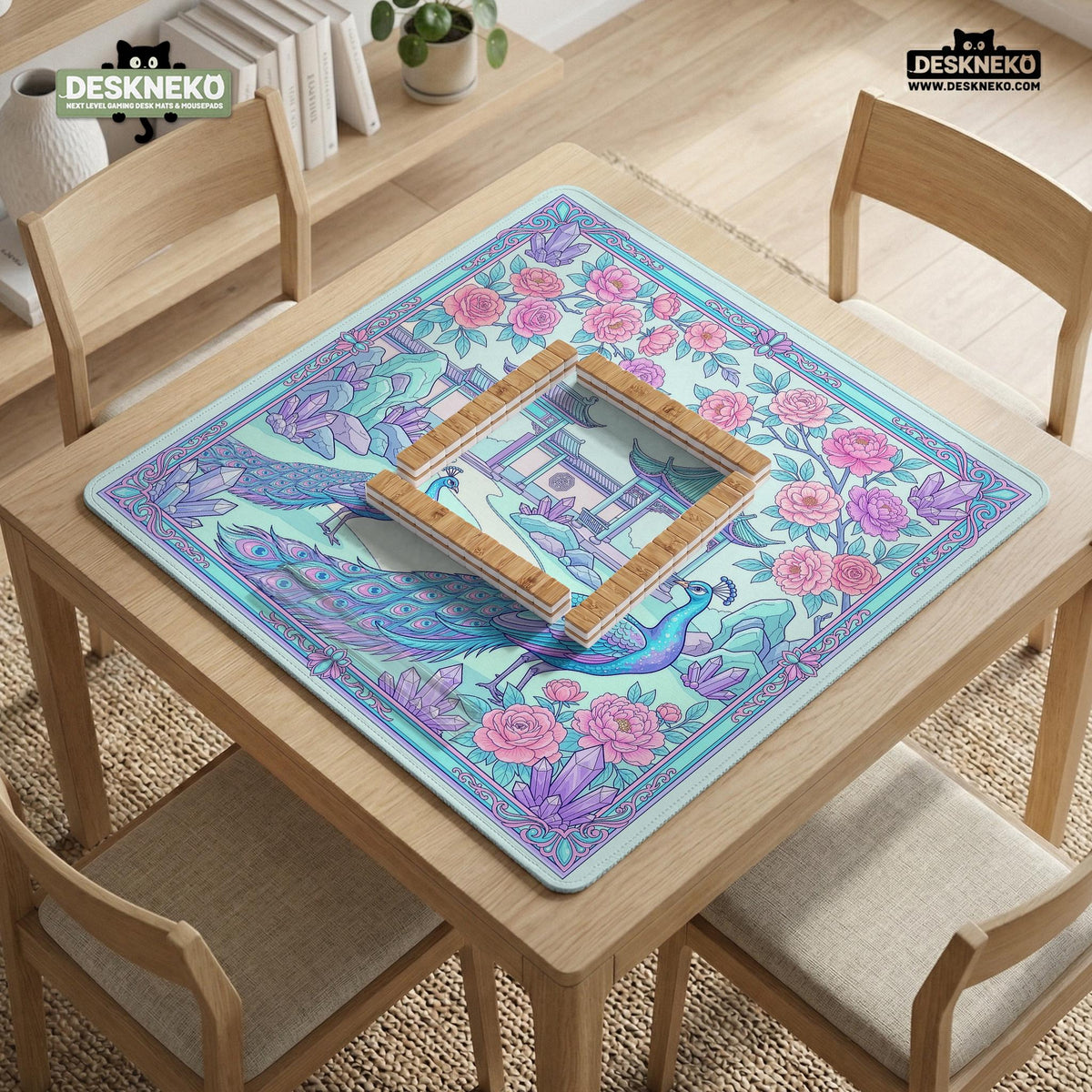Pastel aqua mahjong table mat with peacock birds, pink flowers, pavilion details, and ornate floral linework.