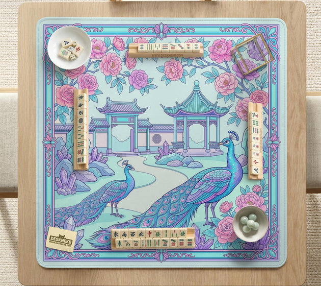 Pastel aqua mahjong table mat with peacock birds, pink flowers, pavilion details, and ornate floral linework.