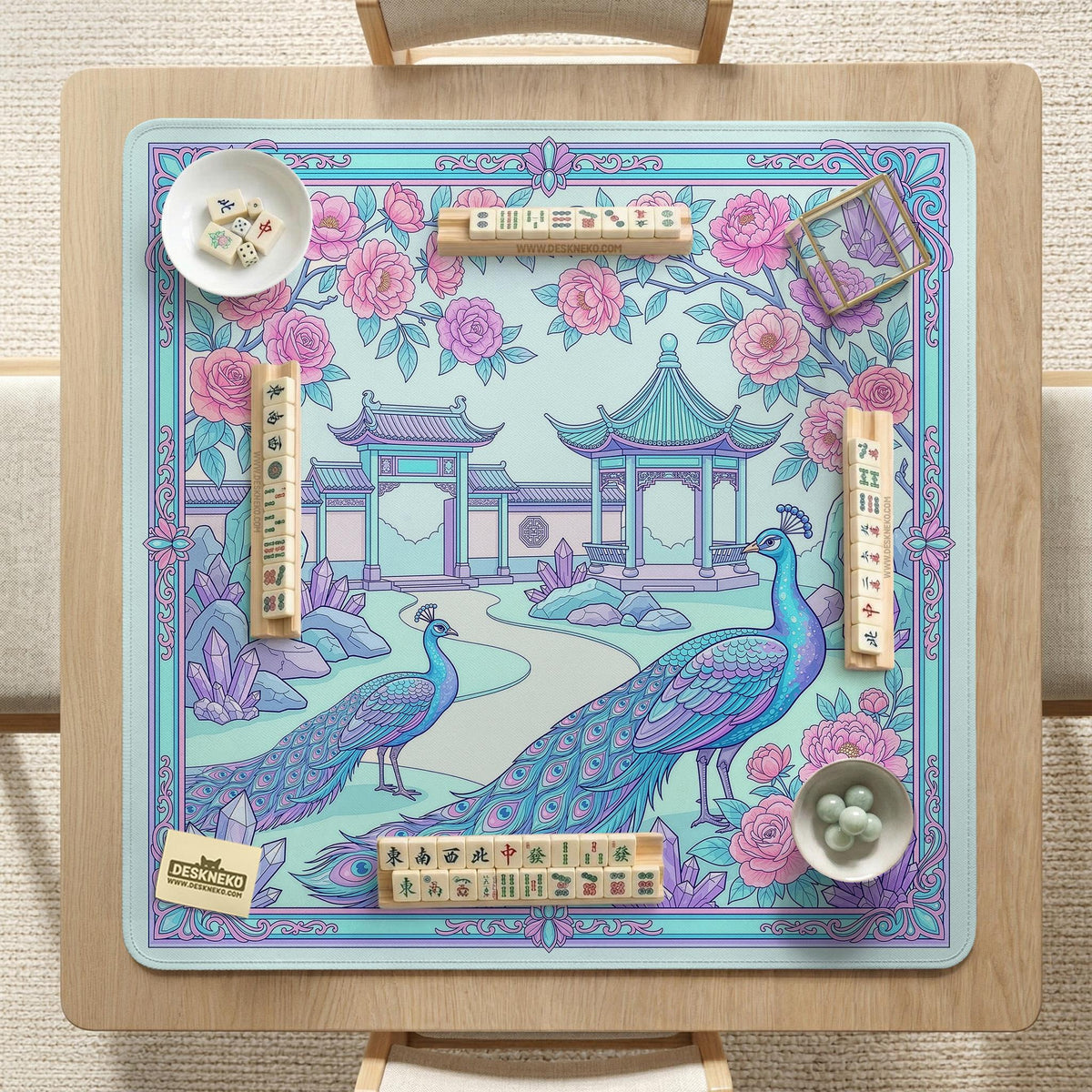 Pastel aqua mahjong table mat with peacock birds, pink flowers, pavilion details, and ornate floral linework.