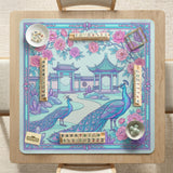 Pastel aqua mahjong table mat with peacock birds, pink flowers, pavilion details, and ornate floral linework.