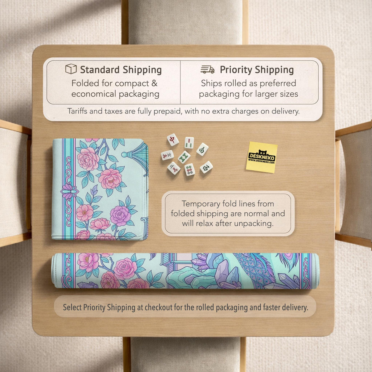 Pastel aqua mahjong table mat with peacock birds, pink flowers, pavilion details, and ornate floral linework.