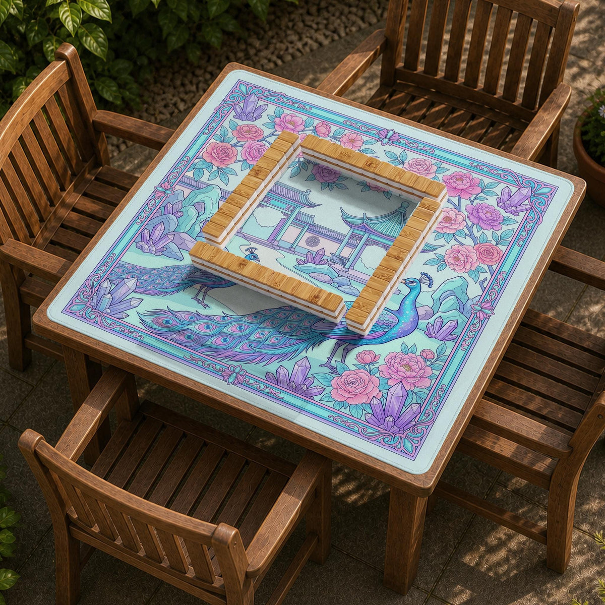 Pastel aqua mahjong table mat with peacock birds, pink flowers, pavilion details, and ornate floral linework.