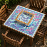 Pastel aqua mahjong table mat with peacock birds, pink flowers, pavilion details, and ornate floral linework.