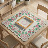 Pink cherry blossom floral mahjong table mat with a cream center and bamboo-style border design.