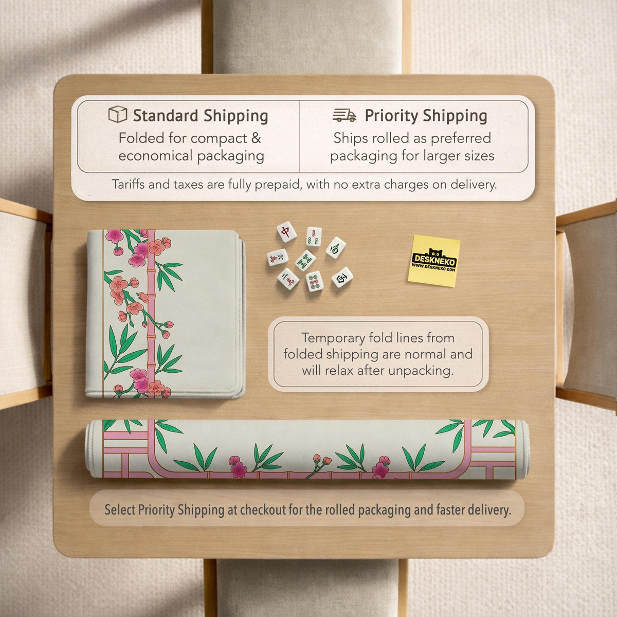 Pink cherry blossom floral mahjong table mat with a cream center and bamboo-style border design.