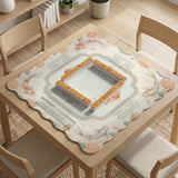 Sage and cream mahjong mat with a koi fish pond pattern, lotus blooms, water ripples, and printed instructions around the border. One version has a scalloped edge.