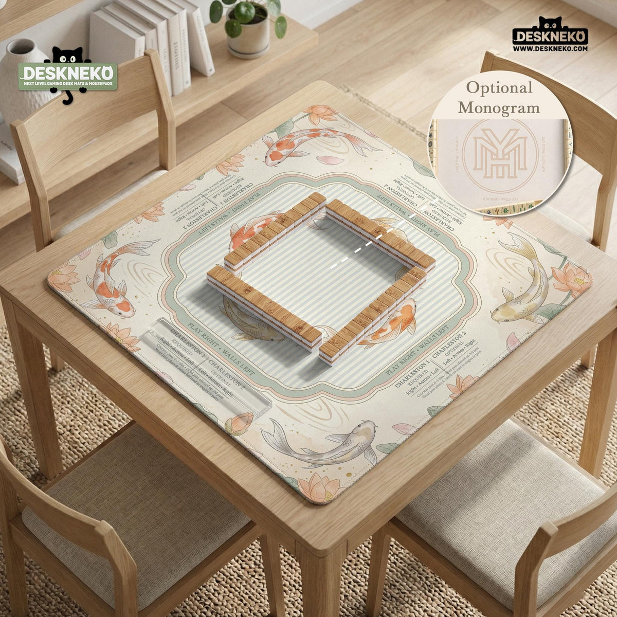 Sage and cream mahjong mat with a koi fish pond pattern, lotus blooms, water ripples, and printed instructions around the border. One version has a scalloped edge.