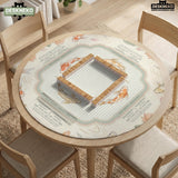 Sage and cream mahjong mat with a koi fish pond pattern, lotus blooms, water ripples, and printed instructions around the border. One version has a scalloped edge.