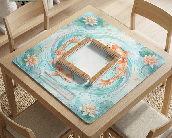 Pastel aqua square mahjong mat with orange koi fish, lotus flowers, lily pads, and flowing water lines.