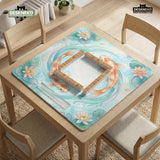 Pastel aqua square mahjong mat with orange koi fish, lotus flowers, lily pads, and flowing water lines.
