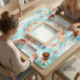 Pastel aqua square mahjong mat with orange koi fish, lotus flowers, lily pads, and flowing water lines.
