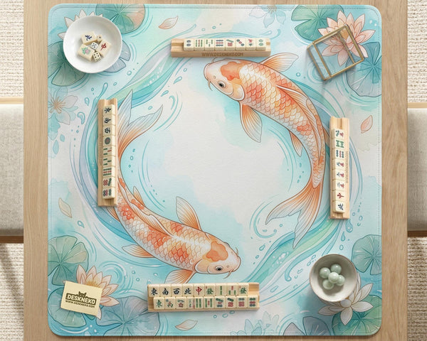 Pastel aqua square mahjong mat with orange koi fish, lotus flowers, lily pads, and flowing water lines.