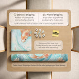 Pastel aqua square mahjong mat with orange koi fish, lotus flowers, lily pads, and flowing water lines.