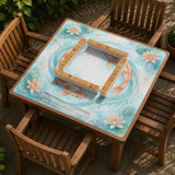 Pastel aqua square mahjong mat with orange koi fish, lotus flowers, lily pads, and flowing water lines.