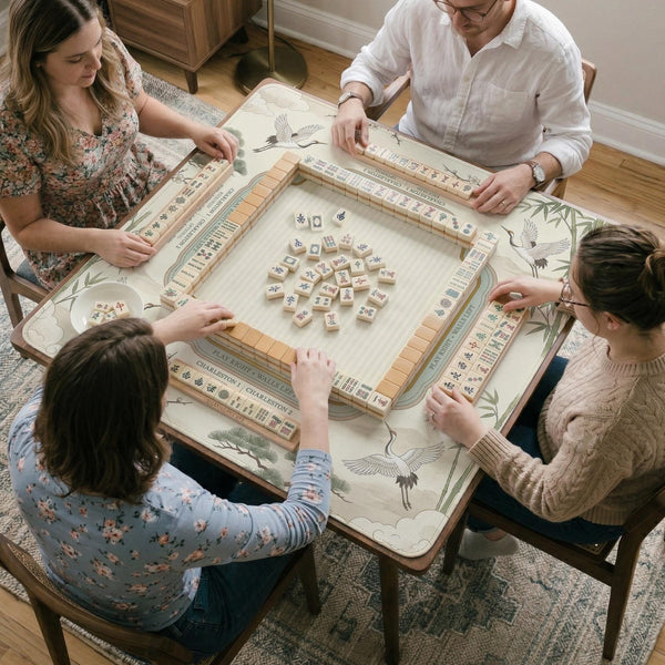Sage green scalloped mahjong mat with bamboo, crane, and blossom illustration and printed rules around the border.