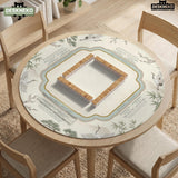 Sage green scalloped mahjong mat with bamboo, crane, and blossom illustration and printed rules around the border.