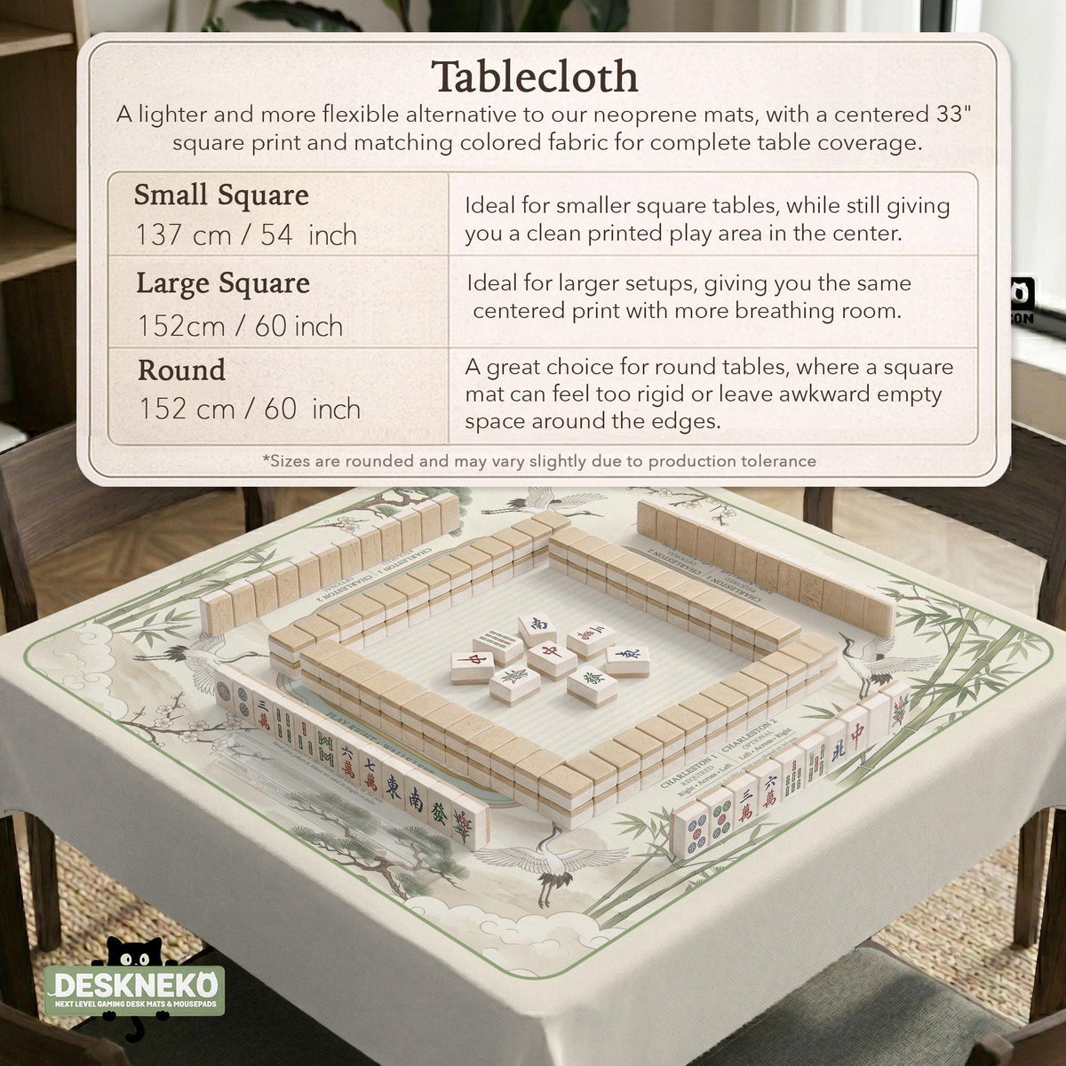 Sage green scalloped mahjong mat with bamboo, crane, and blossom illustration and printed rules around the border.