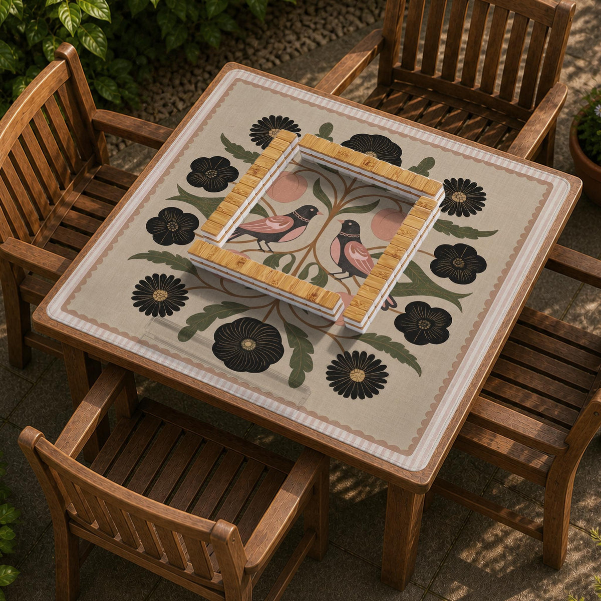 Beige mahjong mat with a botanical floral bird design, blush flowers, olive green leaves, black flower accents, and a warm linen-style background. Scalloped edge option shown.