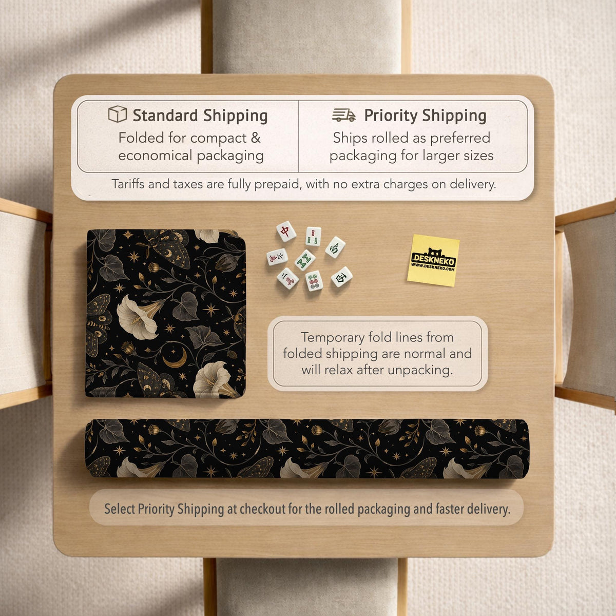 Black square mahjong mat with moths, moonflowers, crescent moons, and scattered stars in a celestial floral pattern.