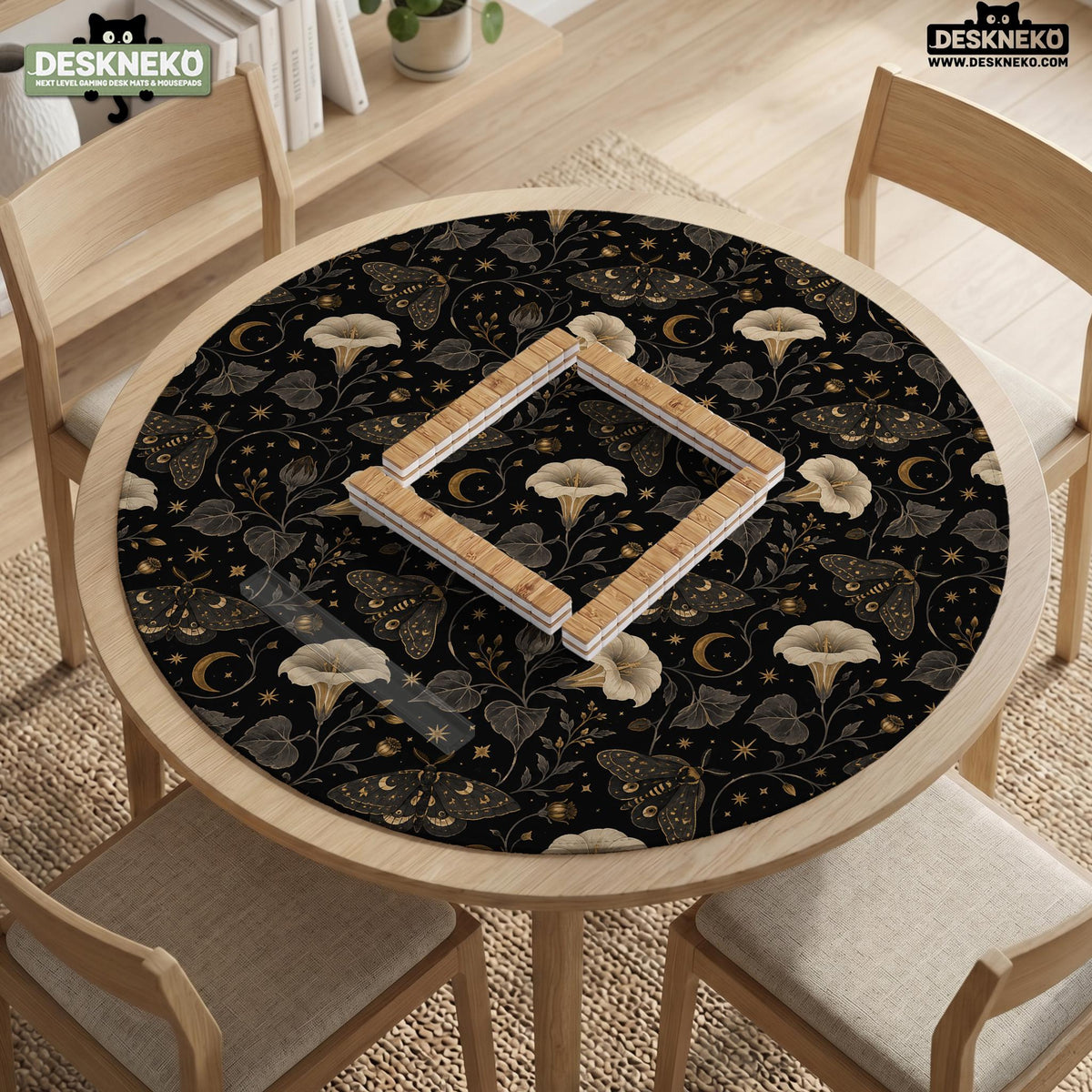 Black square mahjong mat with moths, moonflowers, crescent moons, and scattered stars in a celestial floral pattern.
