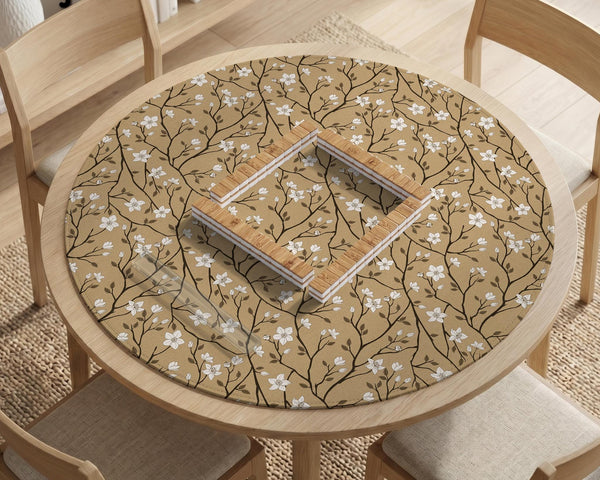 Beige mahjong mat with a white blossom branch floral pattern on a neutral background.