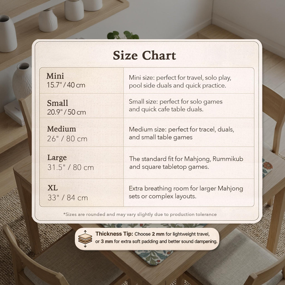 Square mahjong mat with a cream background, blue birds, sage leaves, terracotta flowers, and a decorative botanical border with printed rules text.